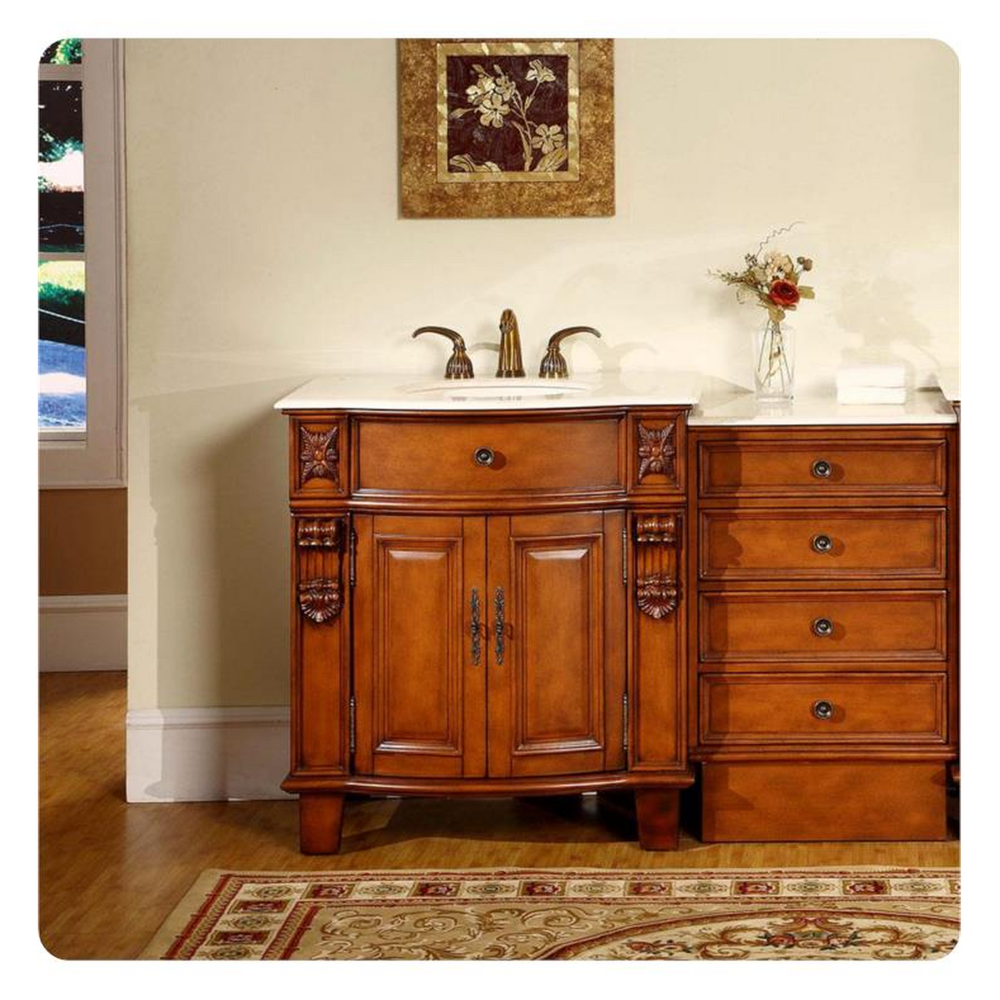 Silkroad Exclusive 53" Single Sink Cherry Modular Bathroom Vanity With Crema Marfil Marble Countertop, Ivory Ceramic Undermount Sink and Drawer Bank Cabinet - HYP-0204-CM-UIC-53