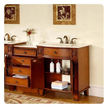 Silkroad Exclusive 53" Single Sink Cherry Modular Bathroom Vanity With Crema Marfil Marble Countertop, Ivory Ceramic Undermount Sink and Drawer Bank Cabinet - HYP-0204-CM-UIC-53