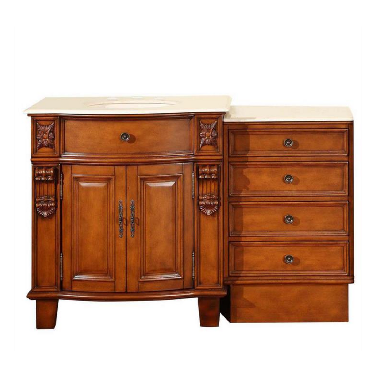 Silkroad Exclusive 53" Single Sink Cherry Modular Bathroom Vanity With Crema Marfil Marble Countertop, Ivory Ceramic Undermount Sink and Drawer Bank Cabinet - HYP-0204-CM-UIC-53