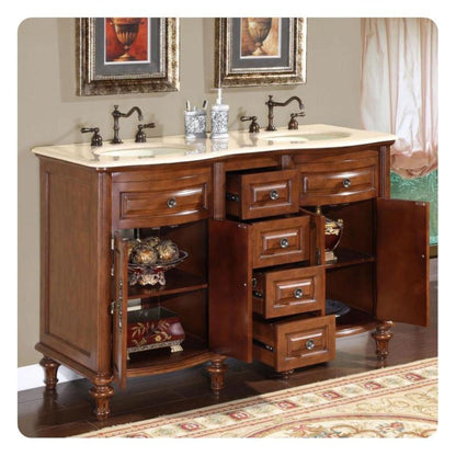 Silkroad Exclusive 55" Double Sink American Chestnut Bathroom Vanity With Crema Marfil Marble Countertop and Ivory Ceramic Undermount Sink - HYP-0719-CM-UIC-55