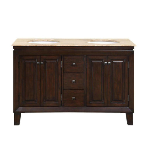 Silkroad Exclusive 55" Double Sink Dark Walnut Bathroom Vanity With Travertine Countertop and White Ceramic Undermount Sink - HYP-0208-T-UWC-55