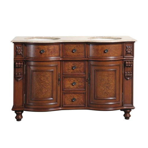 Silkroad Exclusive 55" Double Sink Natural Cherry Bathroom Vanity With Travertine Countertop and Ivory Ceramic Undermount Sink - JYP-0192-T-UIC-55