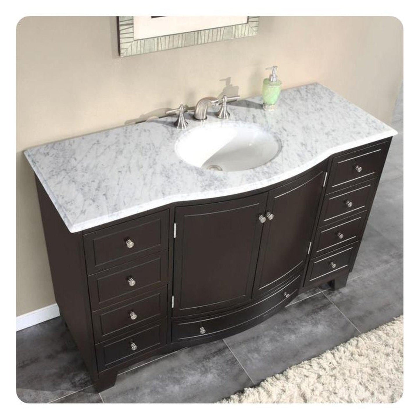 Silkroad Exclusive 55" Single Sink Dark Espresso Bathroom Vanity With Carrara White Marble Countertop and White Ceramic Undermount Sink - HYP-0703-WM-UWC-55