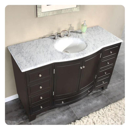 Silkroad Exclusive 55" Single Sink Dark Espresso Bathroom Vanity With Carrara White Marble Countertop and White Ceramic Undermount Sink - HYP-0703-WM-UWC-55