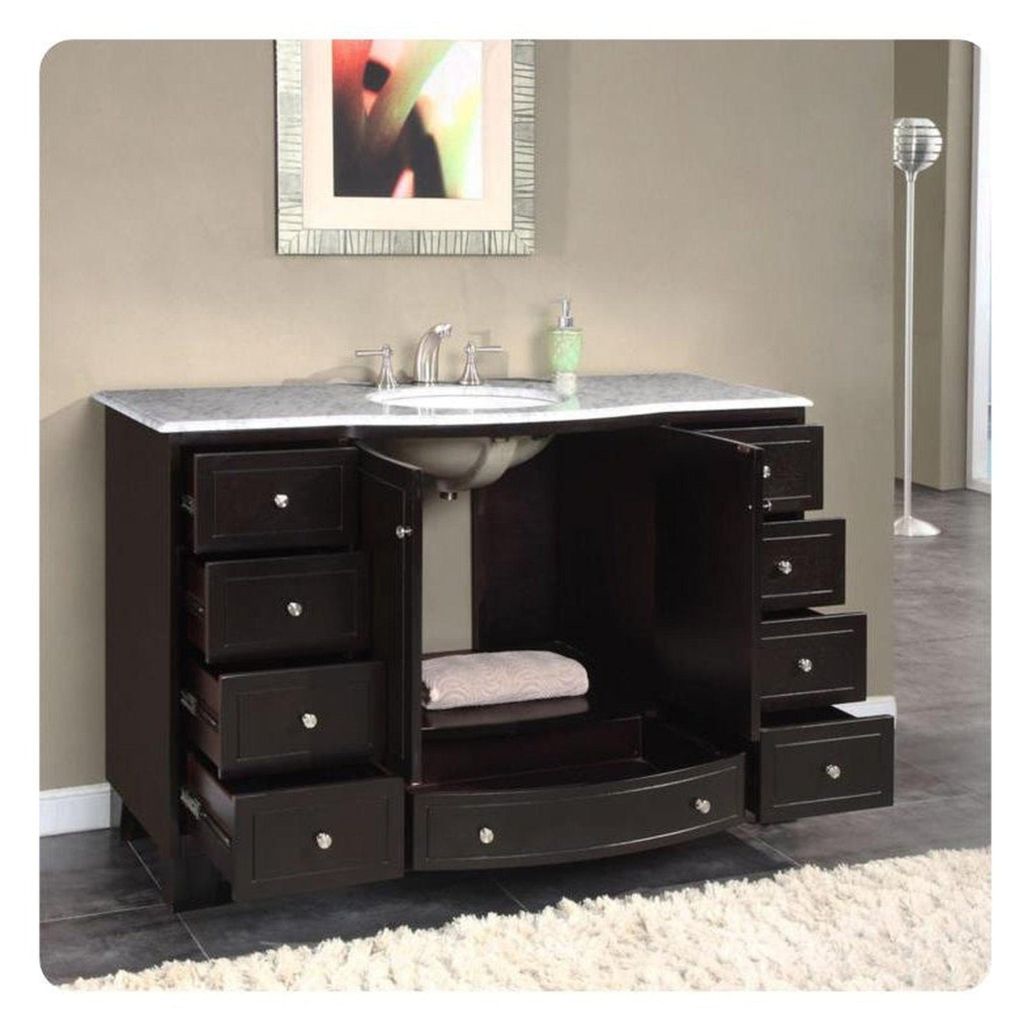 Silkroad Exclusive 55" Single Sink Dark Espresso Bathroom Vanity With Carrara White Marble Countertop and White Ceramic Undermount Sink - HYP-0703-WM-UWC-55