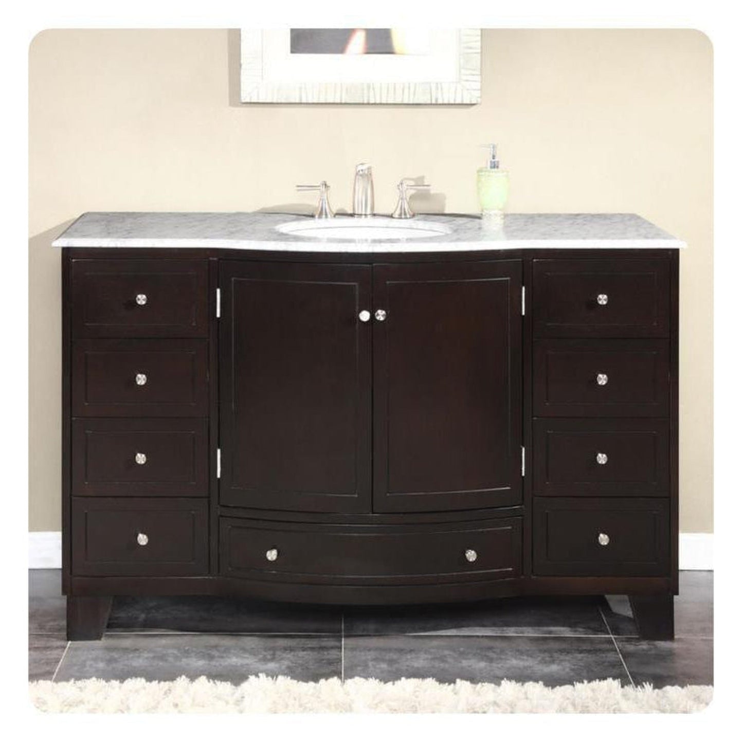 Silkroad Exclusive 55" Single Sink Dark Espresso Bathroom Vanity With Carrara White Marble Countertop and White Ceramic Undermount Sink - HYP-0703-WM-UWC-55