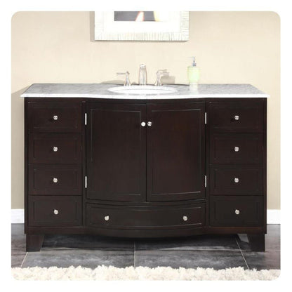 Silkroad Exclusive 55" Single Sink Dark Espresso Bathroom Vanity With Carrara White Marble Countertop and White Ceramic Undermount Sink - HYP-0703-WM-UWC-55