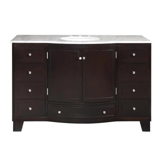 Silkroad Exclusive 55" Single Sink Dark Espresso Bathroom Vanity With Carrara White Marble Countertop and White Ceramic Undermount Sink - HYP-0703-WM-UWC-55