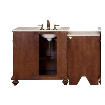Silkroad Exclusive 56" Single Left Side Sink English Chestnut Modular Bathroom Vanity With Crema Marfil Marble, Ivory Ceramic Undermount Sink and Drawer Bank Cabinet - HYP-0213-CM-UIC-56-L