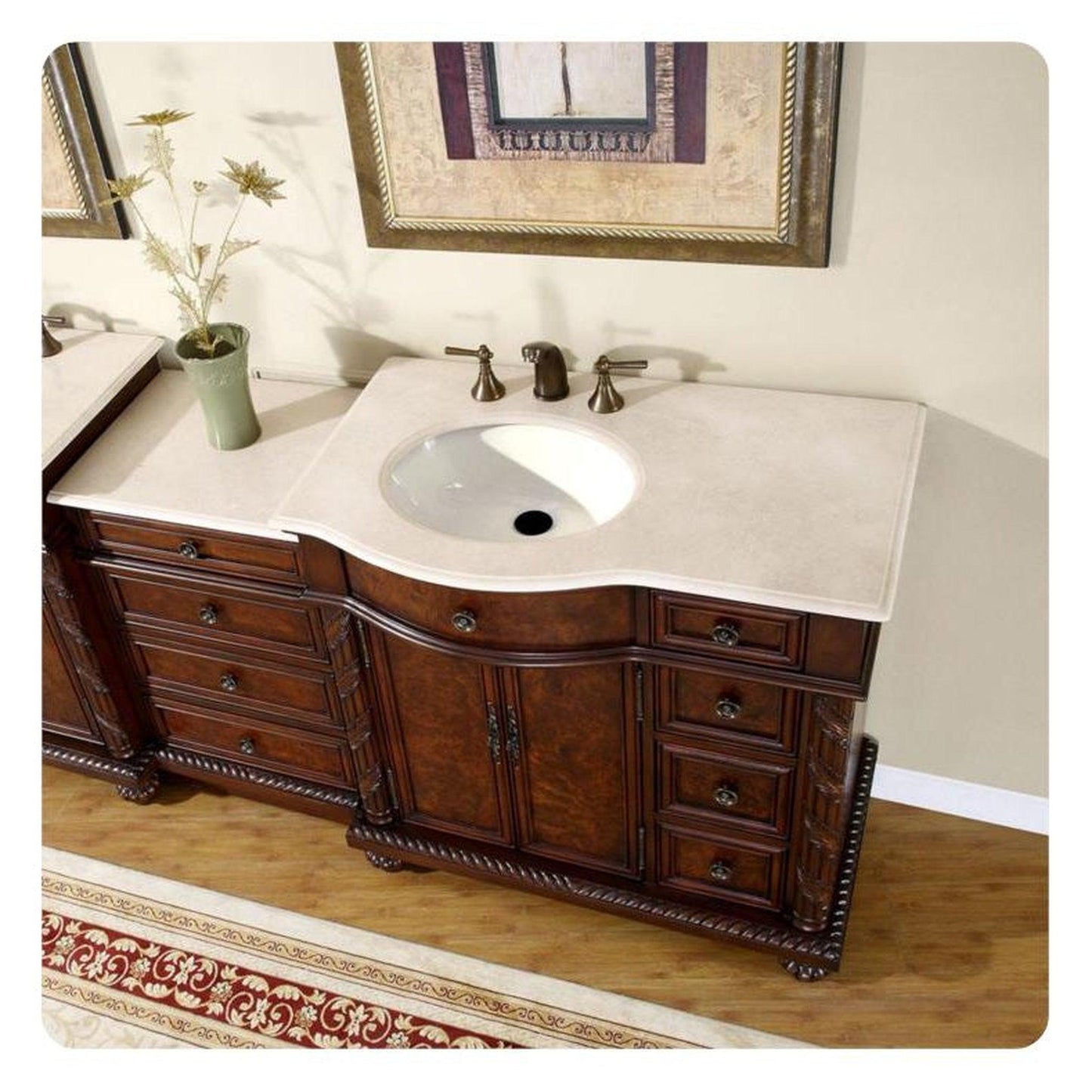 Silkroad Exclusive 56" Single Left Side Sink English Chestnut Modular Bathroom Vanity With Crema Marfil Marble, Ivory Ceramic Undermount Sink and Drawer Bank Cabinet - HYP-0213-CM-UIC-56-L