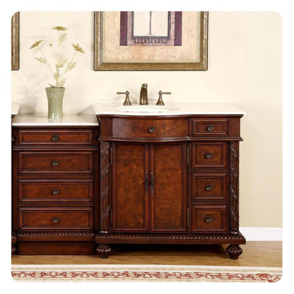 Silkroad Exclusive 56" Single Left Side Sink English Chestnut Modular Bathroom Vanity With Crema Marfil Marble, Ivory Ceramic Undermount Sink and Drawer Bank Cabinet - HYP-0213-CM-UIC-56-L