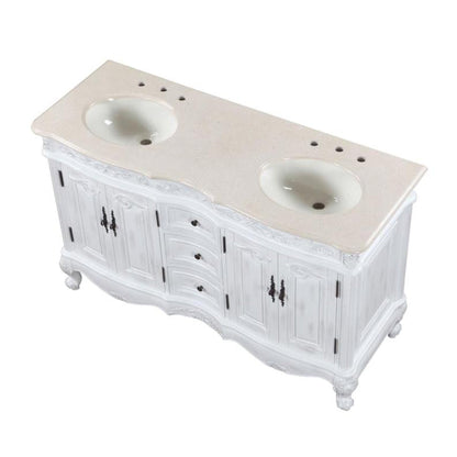 Silkroad Exclusive 58" Double Sink Antique White Bathroom Vanity With Crema Marfil Marble Countertop and Ivory Ceramic Undermount Sink - HYP-0145-CM-UIC-58
