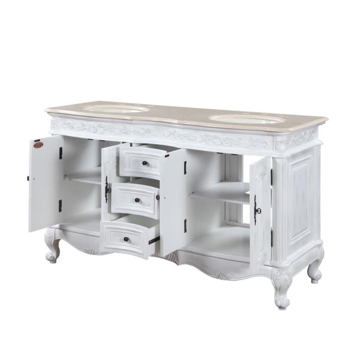 Silkroad Exclusive 58" Double Sink Antique White Bathroom Vanity With Crema Marfil Marble Countertop and Ivory Ceramic Undermount Sink - HYP-0145-CM-UIC-58