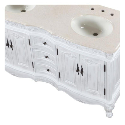 Silkroad Exclusive 58" Double Sink Antique White Bathroom Vanity With Crema Marfil Marble Countertop and Ivory Ceramic Undermount Sink - HYP-0145-CM-UIC-58