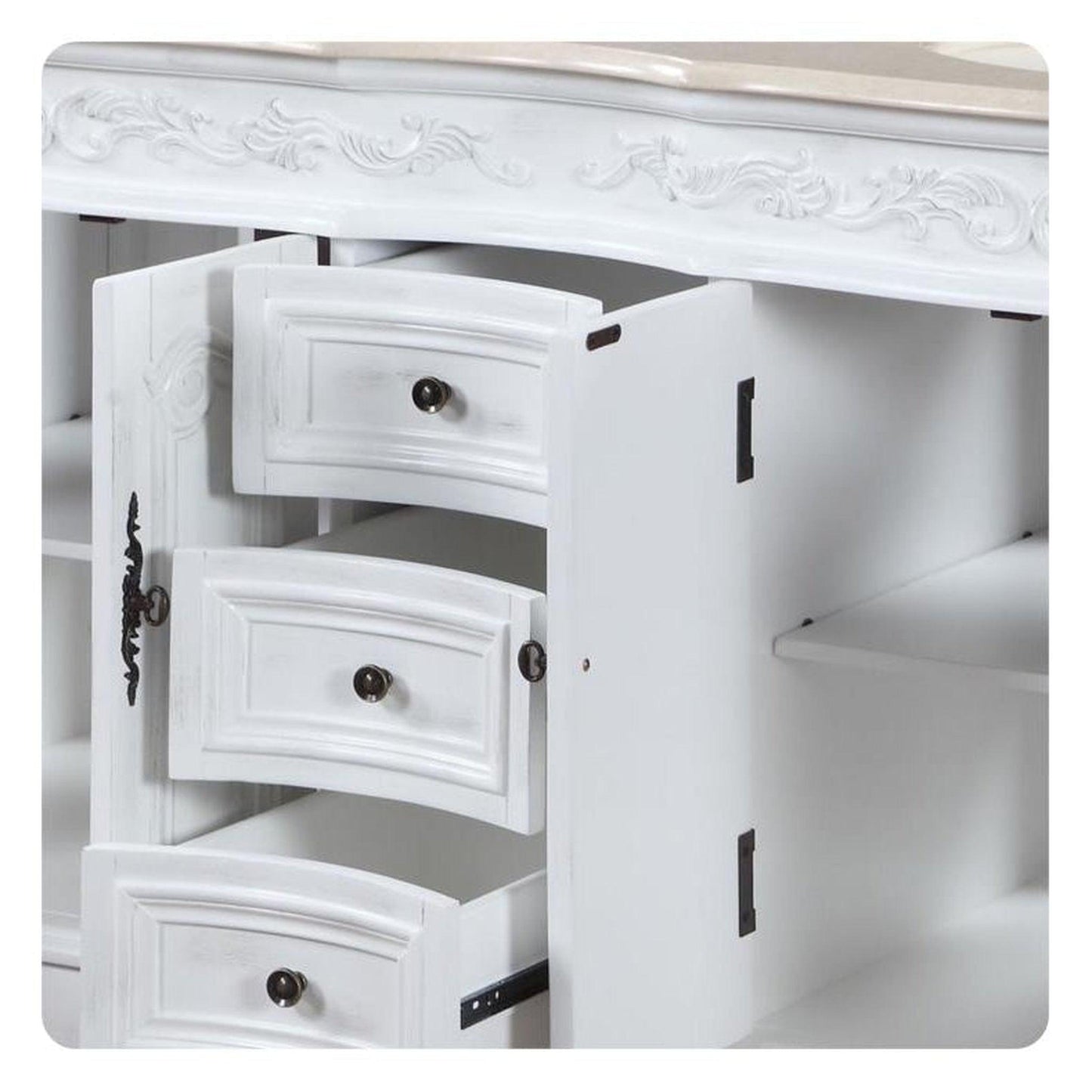 Silkroad Exclusive 58" Double Sink Antique White Bathroom Vanity With Crema Marfil Marble Countertop and Ivory Ceramic Undermount Sink - HYP-0145-CM-UIC-58