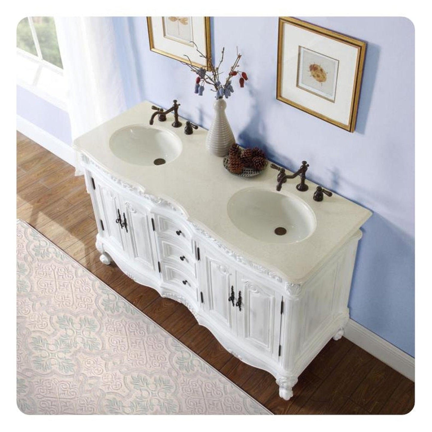 Silkroad Exclusive 58" Double Sink Antique White Bathroom Vanity With Crema Marfil Marble Countertop and Ivory Ceramic Undermount Sink - HYP-0145-CM-UIC-58