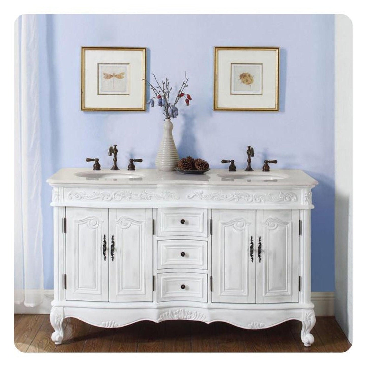 Silkroad Exclusive 58" Double Sink Antique White Bathroom Vanity With Crema Marfil Marble Countertop and Ivory Ceramic Undermount Sink - HYP-0145-CM-UIC-58