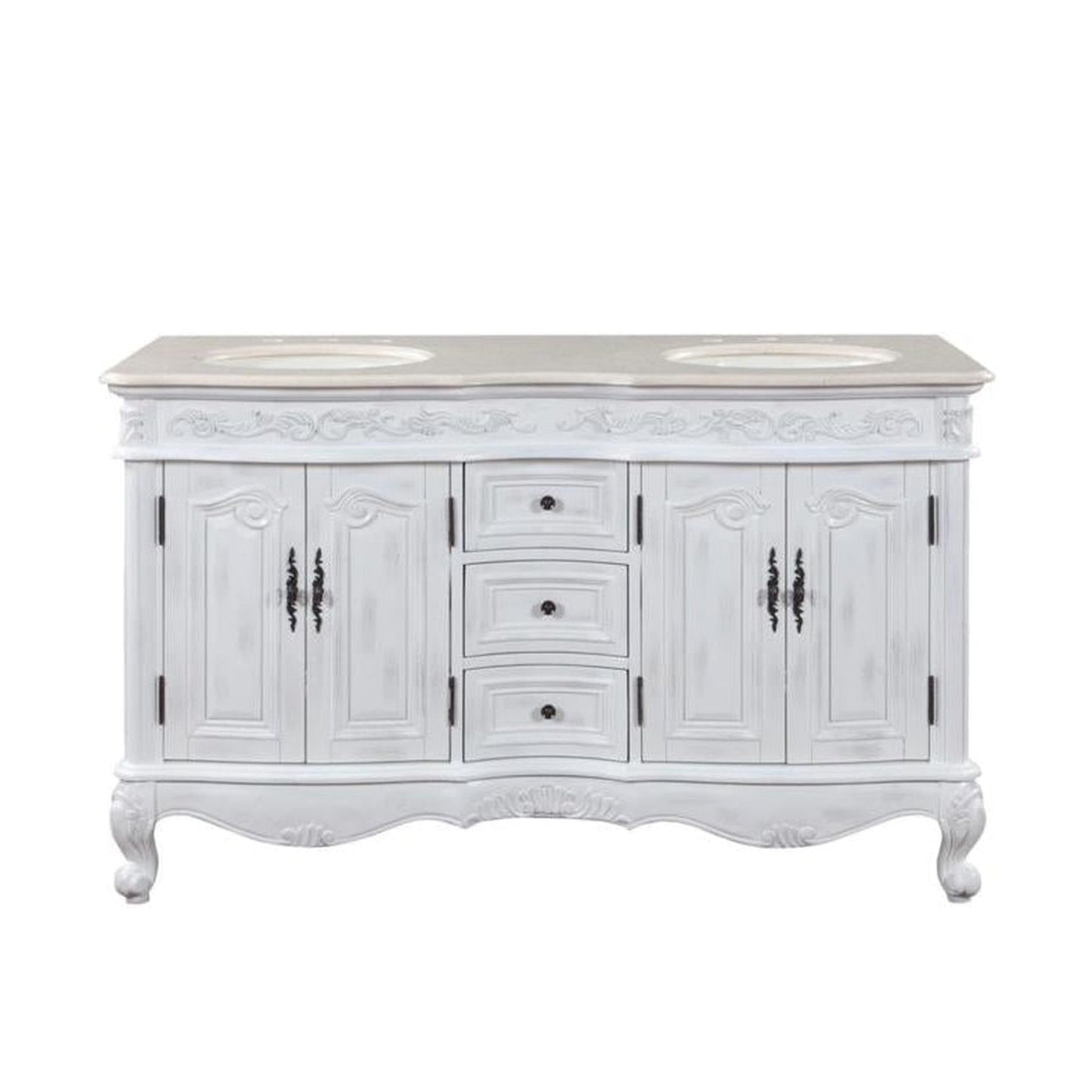 Silkroad Exclusive 58" Double Sink Antique White Bathroom Vanity With Crema Marfil Marble Countertop and Ivory Ceramic Undermount Sink - HYP-0145-CM-UIC-58