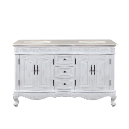 Silkroad Exclusive 58" Double Sink Antique White Bathroom Vanity With Crema Marfil Marble Countertop and Ivory Ceramic Undermount Sink - HYP-0145-CM-UIC-58