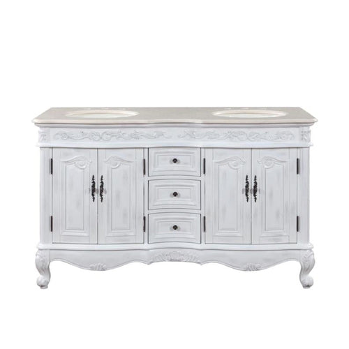 Silkroad Exclusive 58" Double Sink Antique White Bathroom Vanity With Crema Marfil Marble Countertop and Ivory Ceramic Undermount Sink - HYP-0145-CM-UIC-58