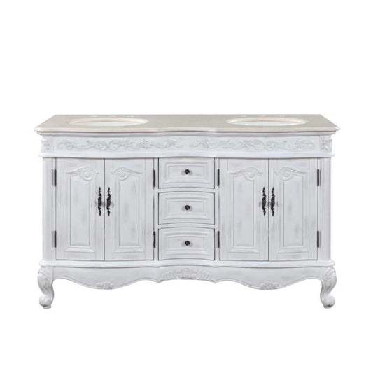 Silkroad Exclusive 58" Double Sink Antique White Bathroom Vanity With Crema Marfil Marble Countertop and Ivory Ceramic Undermount Sink - HYP-0145-CM-UIC-58