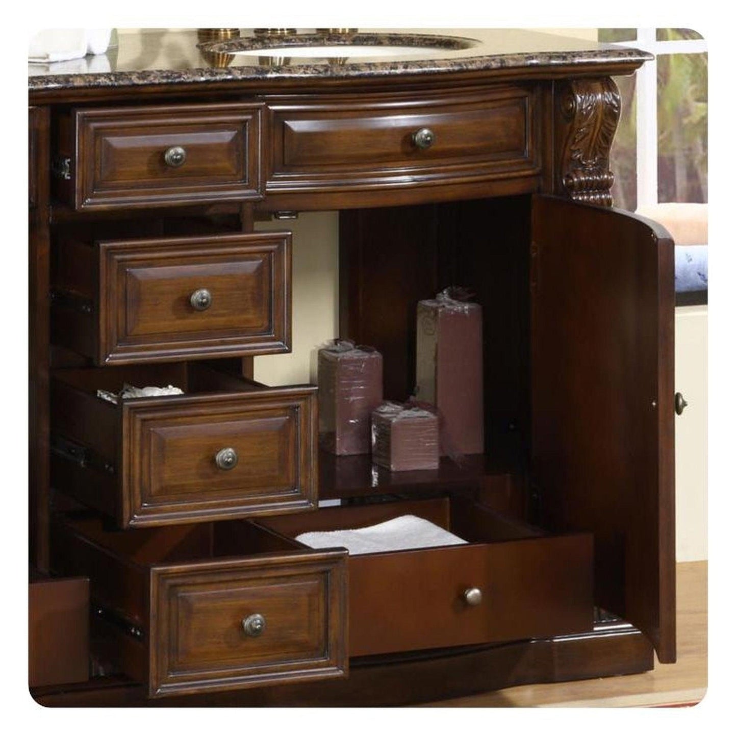 Silkroad Exclusive 60" Double Sink American Walnut Bathroom Vanity With Baltic Brown Granite Countertop and Ivory Ceramic Undermount Sink - HYP-0712-BB-UIC-60