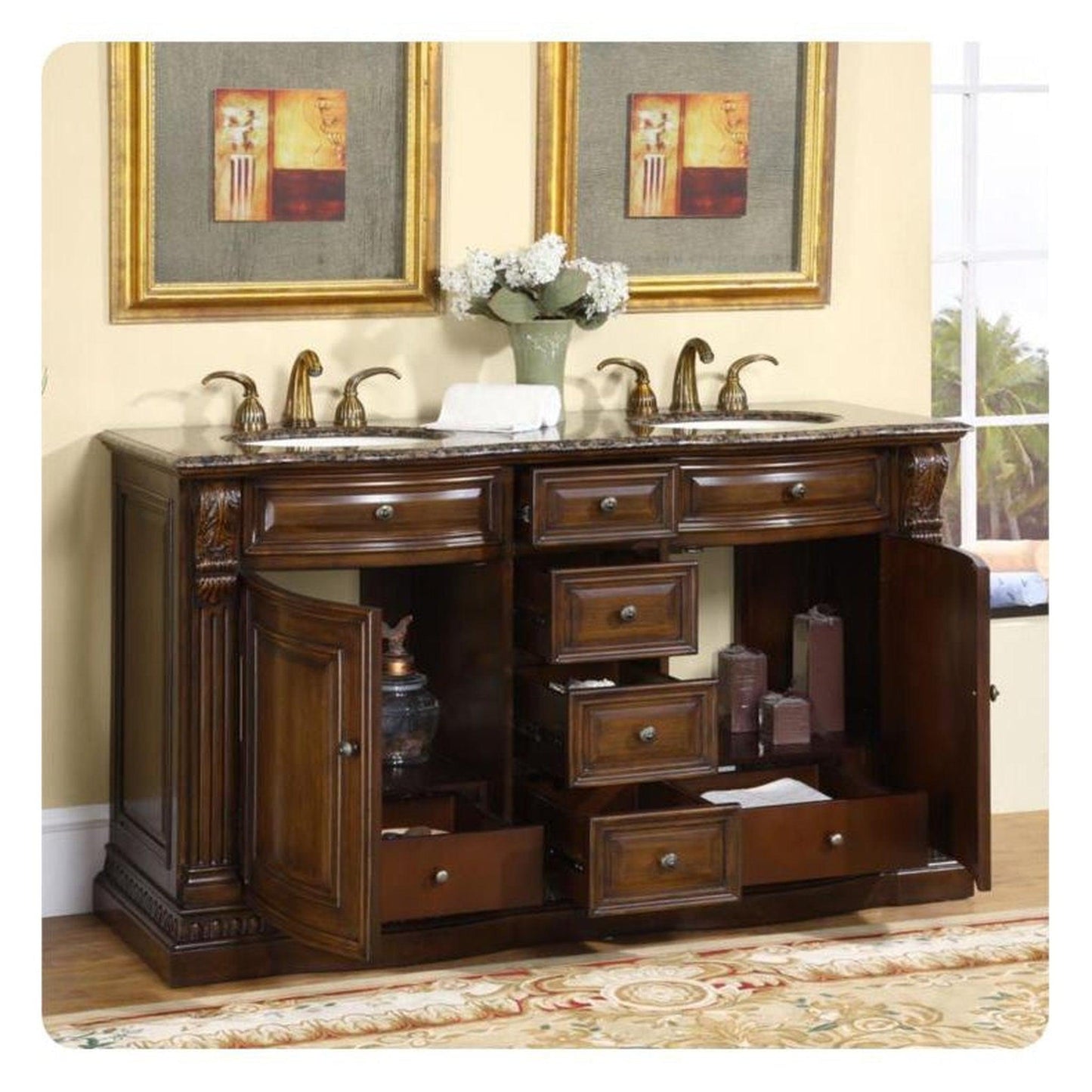 Silkroad Exclusive 60" Double Sink American Walnut Bathroom Vanity With Baltic Brown Granite Countertop and Ivory Ceramic Undermount Sink - HYP-0712-BB-UIC-60