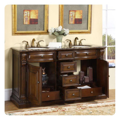 Silkroad Exclusive 60" Double Sink American Walnut Bathroom Vanity With Baltic Brown Granite Countertop and Ivory Ceramic Undermount Sink - HYP-0712-BB-UIC-60