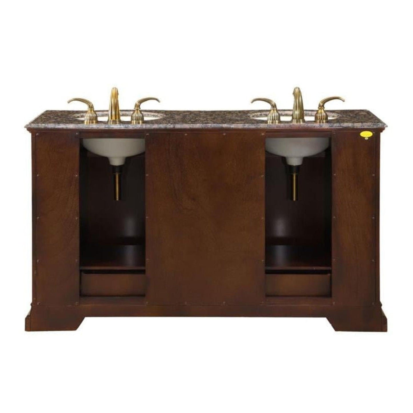 Silkroad Exclusive 60" Double Sink American Walnut Bathroom Vanity With Baltic Brown Granite Countertop and Ivory Ceramic Undermount Sink - HYP-0712-BB-UIC-60