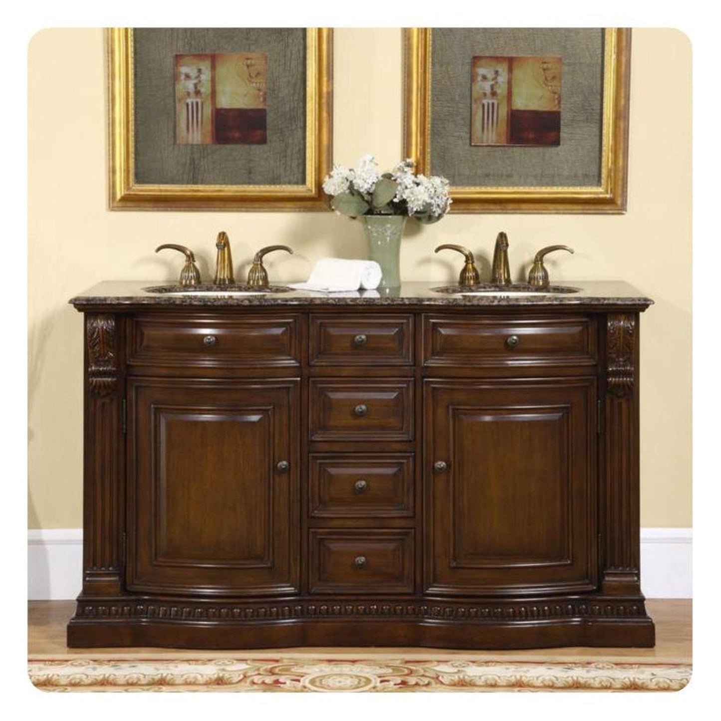 Silkroad Exclusive 60" Double Sink American Walnut Bathroom Vanity With Baltic Brown Granite Countertop and Ivory Ceramic Undermount Sink - HYP-0712-BB-UIC-60