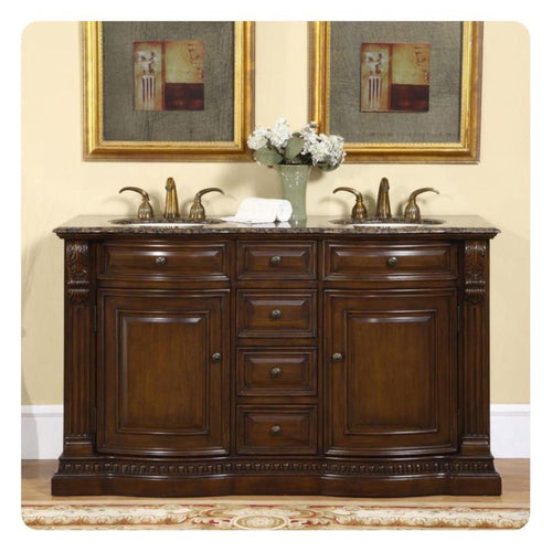 Silkroad Exclusive 60" Double Sink American Walnut Bathroom Vanity With Baltic Brown Granite Countertop and Ivory Ceramic Undermount Sink - HYP-0712-BB-UIC-60