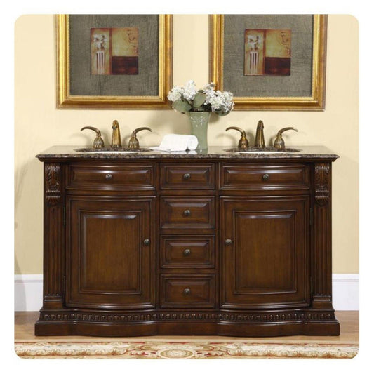 Silkroad Exclusive 60" Double Sink American Walnut Bathroom Vanity With Baltic Brown Granite Countertop and Ivory Ceramic Undermount Sink - HYP-0712-BB-UIC-60
