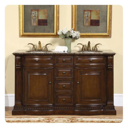 Silkroad Exclusive 60" Double Sink American Walnut Bathroom Vanity With Baltic Brown Granite Countertop and Ivory Ceramic Undermount Sink - HYP-0712-BB-UIC-60