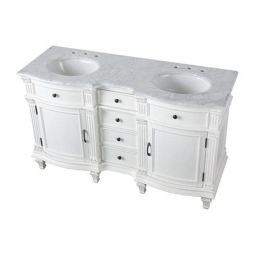 Silkroad Exclusive 60" Double Sink Antique White Bathroom Vanity With Carrara White Marble Countertop and White Ceramic Undermount Sink - V0313WW60D