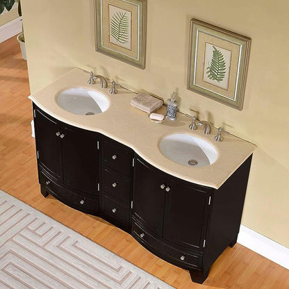 Silkroad Exclusive 60" Double Sink Dark Espresso Bathroom Vanity With Crema Marfil Marble Countertop and White Ceramic Undermount Sink - HYP-0703-CM-UWC-60