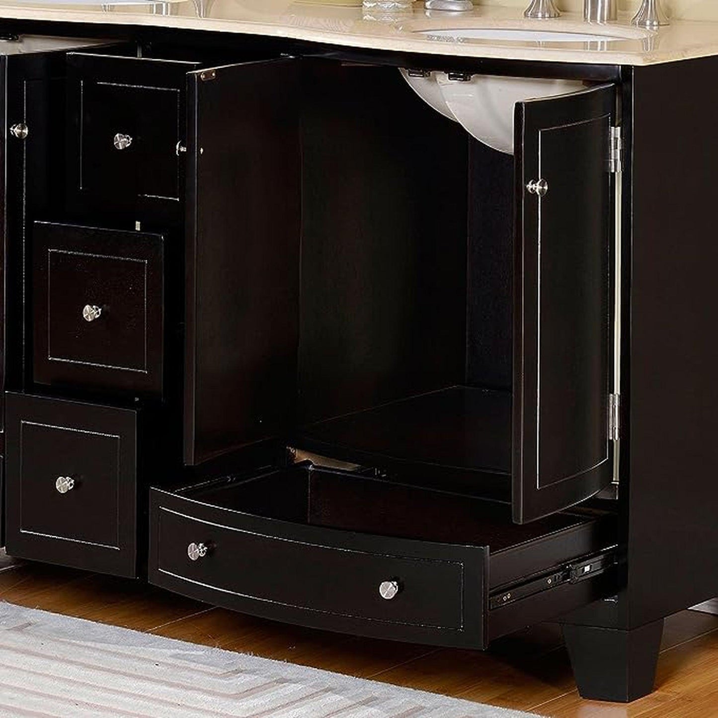 Silkroad Exclusive 60" Double Sink Dark Espresso Bathroom Vanity With Crema Marfil Marble Countertop and White Ceramic Undermount Sink - HYP-0703-CM-UWC-60