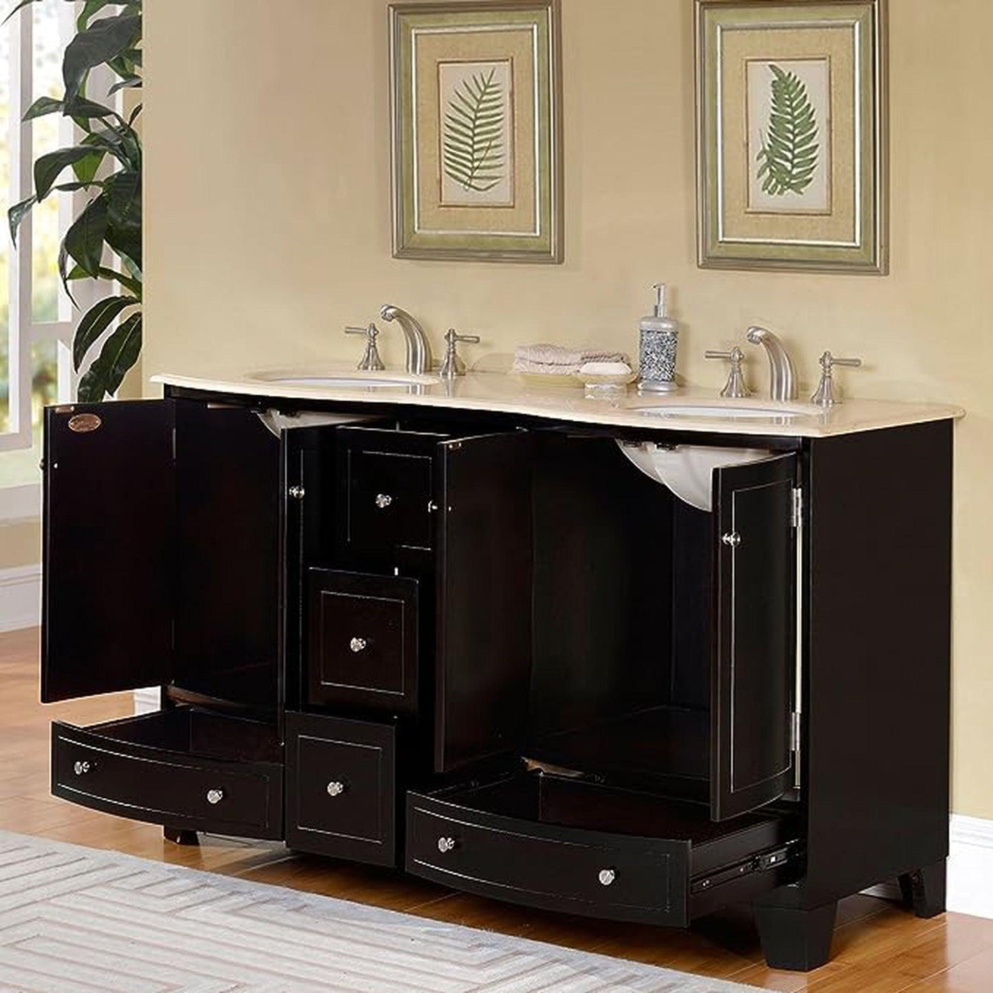 Silkroad Exclusive 60" Double Sink Dark Espresso Bathroom Vanity With Crema Marfil Marble Countertop and White Ceramic Undermount Sink - HYP-0703-CM-UWC-60