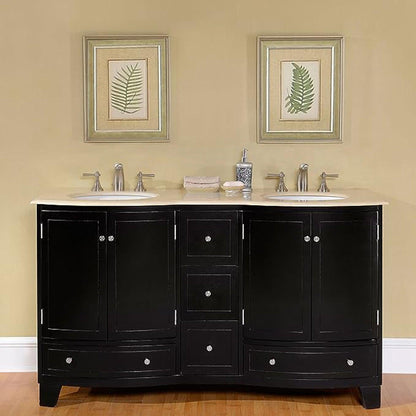 Silkroad Exclusive 60" Double Sink Dark Espresso Bathroom Vanity With Crema Marfil Marble Countertop and White Ceramic Undermount Sink - HYP-0703-CM-UWC-60