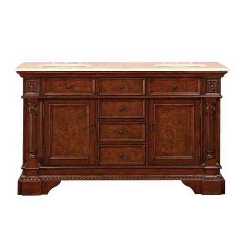 Silkroad Exclusive 60" Double Sink English Chestnut Bathroom Vanity With Crema Marfil Marble Countertop and Ivory Ceramic Undermount Sink - HYP-0209-CM-UIC-60