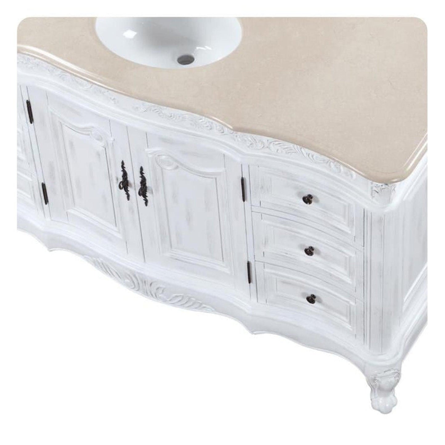 Silkroad Exclusive 60" Single Sink Antique White Bathroom Vanity With Crema Marfil Marble Countertop and White Ceramic Undermount Sink - JB-0273-CM-UWC-60