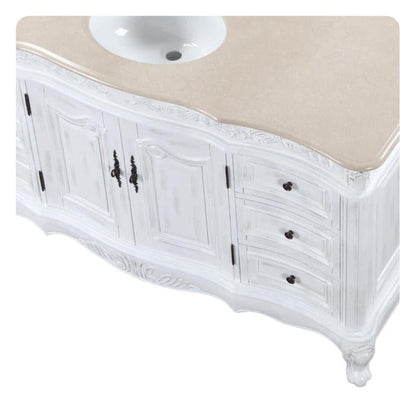 Silkroad Exclusive 60" Single Sink Antique White Bathroom Vanity With Crema Marfil Marble Countertop and White Ceramic Undermount Sink - JB-0273-CM-UWC-60