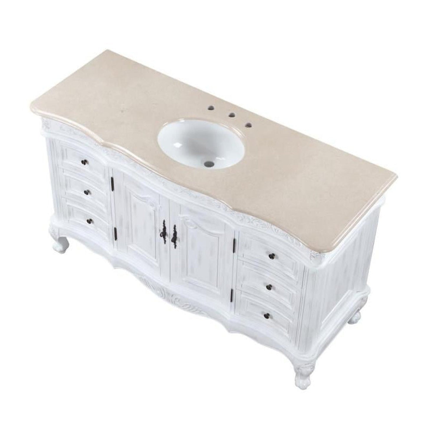 Silkroad Exclusive 60" Single Sink Antique White Bathroom Vanity With Crema Marfil Marble Countertop and White Ceramic Undermount Sink - JB-0273-CM-UWC-60