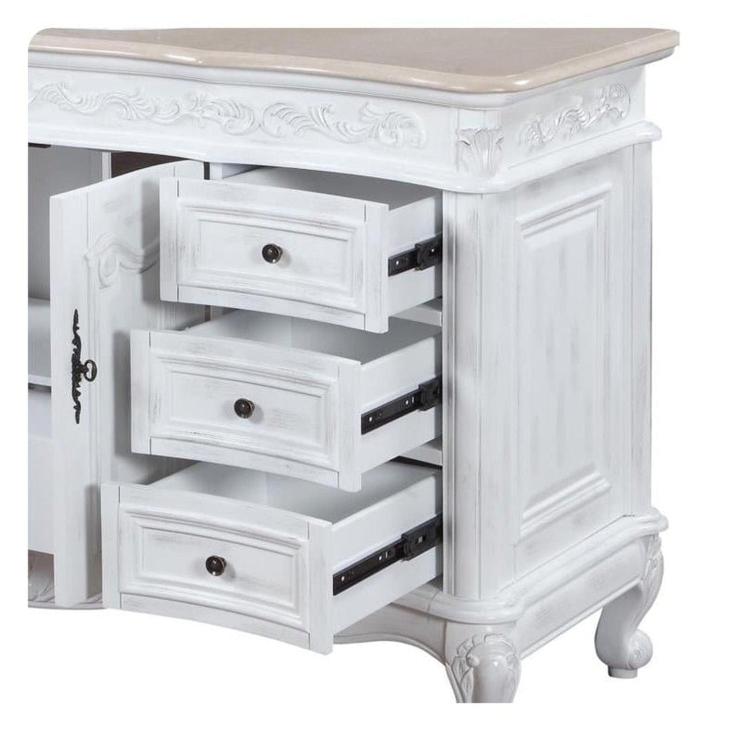 Silkroad Exclusive 60" Single Sink Antique White Bathroom Vanity With Crema Marfil Marble Countertop and White Ceramic Undermount Sink - JB-0273-CM-UWC-60