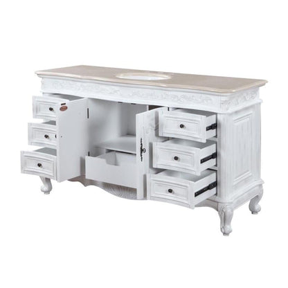 Silkroad Exclusive 60" Single Sink Antique White Bathroom Vanity With Crema Marfil Marble Countertop and White Ceramic Undermount Sink - JB-0273-CM-UWC-60