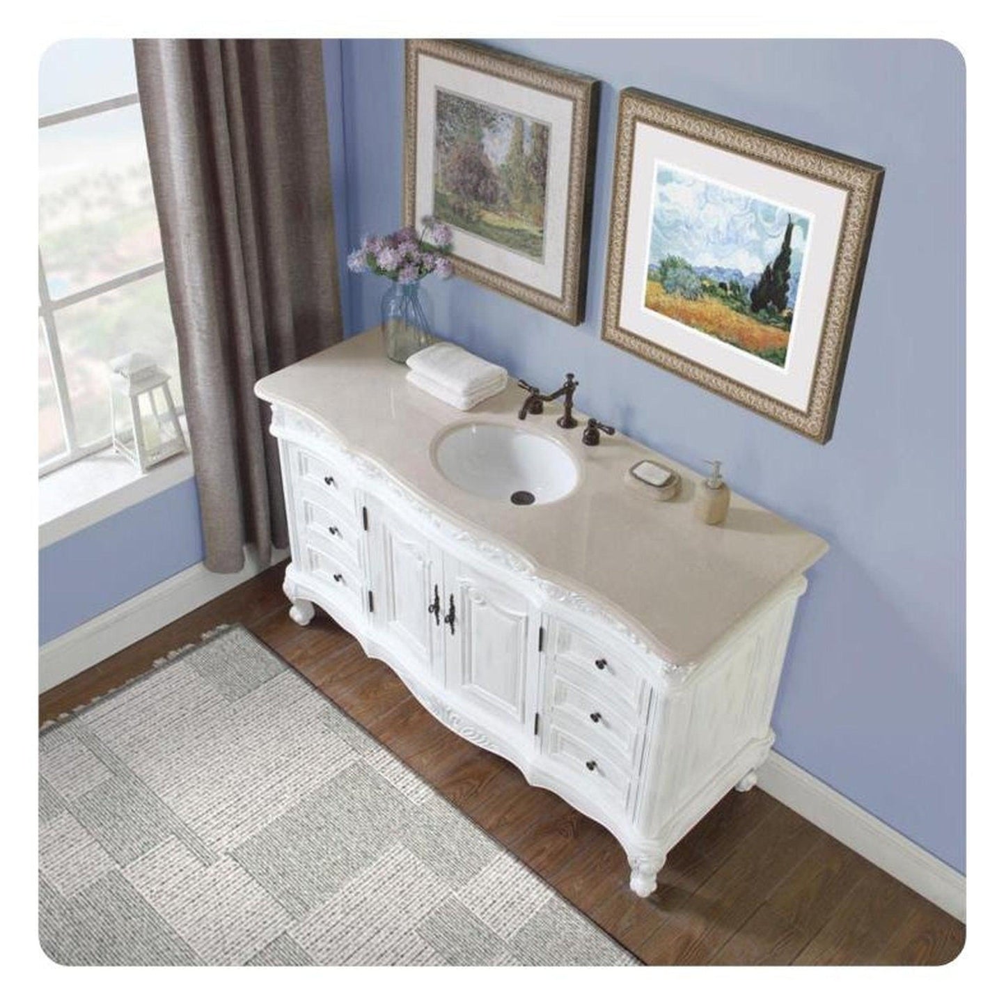 Silkroad Exclusive 60" Single Sink Antique White Bathroom Vanity With Crema Marfil Marble Countertop and White Ceramic Undermount Sink - JB-0273-CM-UWC-60