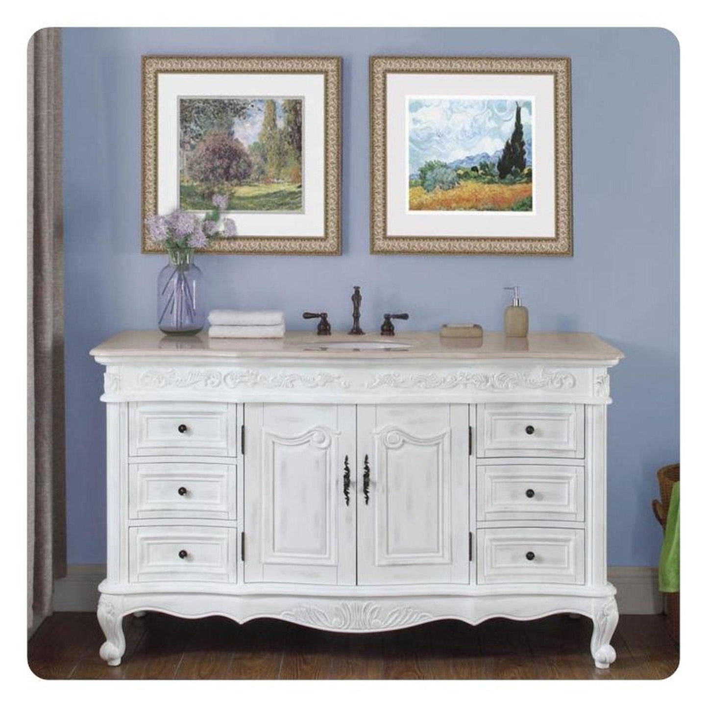 Silkroad Exclusive 60" Single Sink Antique White Bathroom Vanity With Crema Marfil Marble Countertop and White Ceramic Undermount Sink - JB-0273-CM-UWC-60