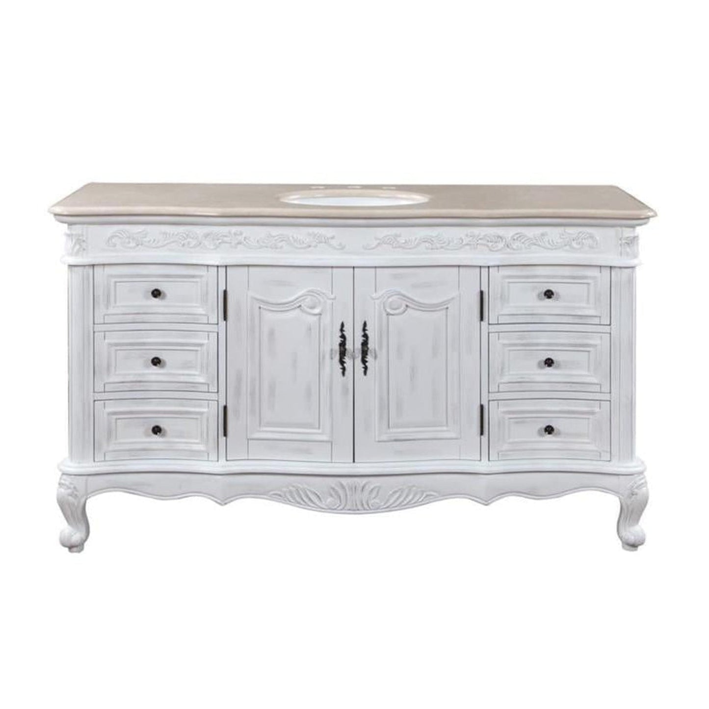 Silkroad Exclusive 60" Single Sink Antique White Bathroom Vanity With Crema Marfil Marble Countertop and White Ceramic Undermount Sink - JB-0273-CM-UWC-60