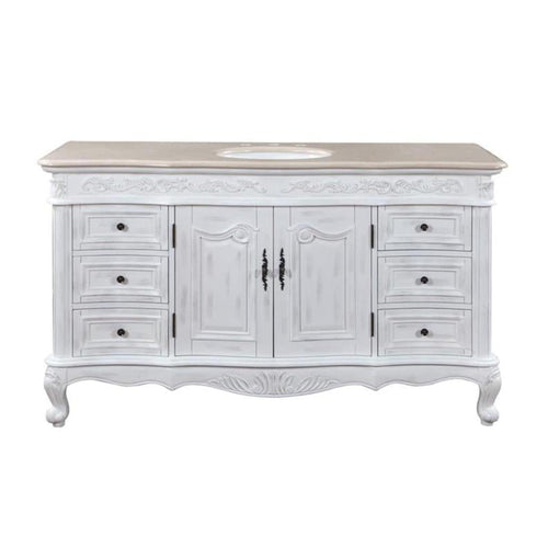 Silkroad Exclusive 60" Single Sink Antique White Bathroom Vanity With Crema Marfil Marble Countertop and White Ceramic Undermount Sink - JB-0273-CM-UWC-60