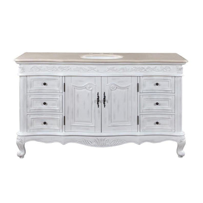 Silkroad Exclusive 60" Single Sink Antique White Bathroom Vanity With Crema Marfil Marble Countertop and White Ceramic Undermount Sink - JB-0273-CM-UWC-60