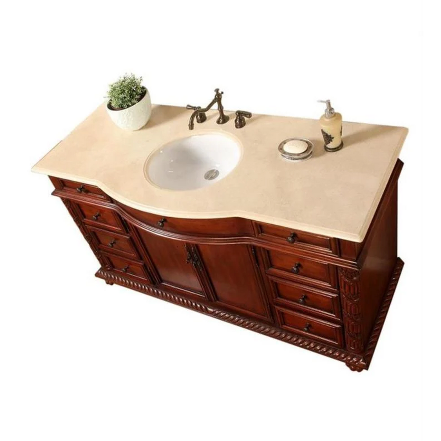 Silkroad Exclusive 60" Single Sink Red Chestnut Bathroom Vanity With Crema Marfil Marble Countertop and White Ceramic Undermount Sink - FS-0268-CM-UWC-60